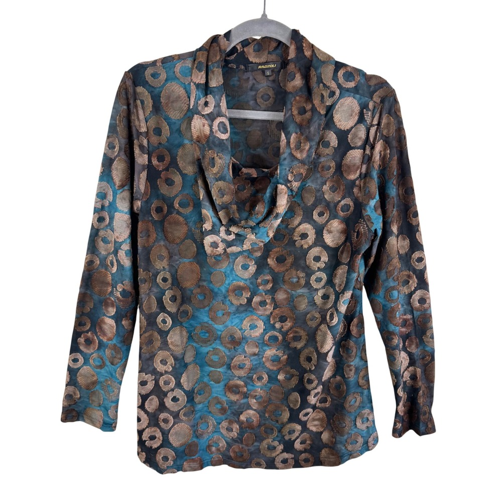 Radzoli Womens Teal Bronze Abstract Circle Cowl Neck Long Sleeve Top Small